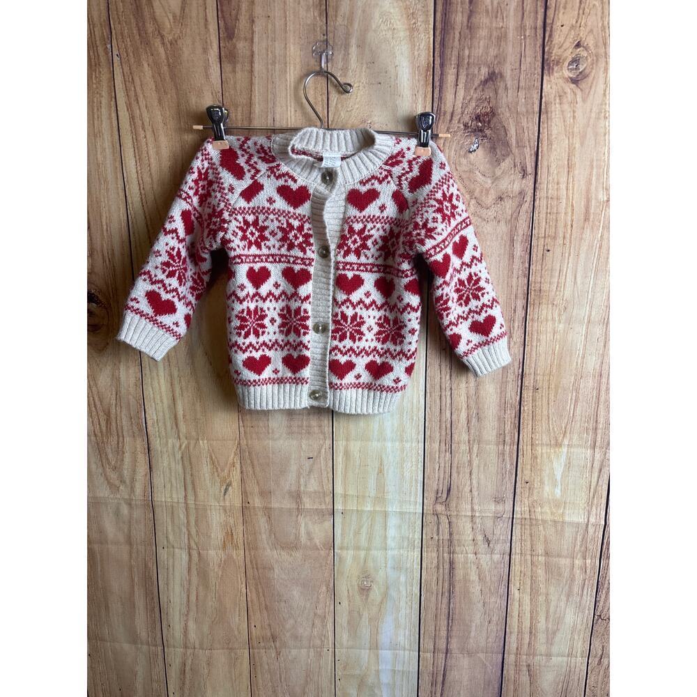 H&M Cardigan Heart Fair Isle Baby Toddler Girls Cardigan Sweater Red Cream 12 M - Picture 2 of 5